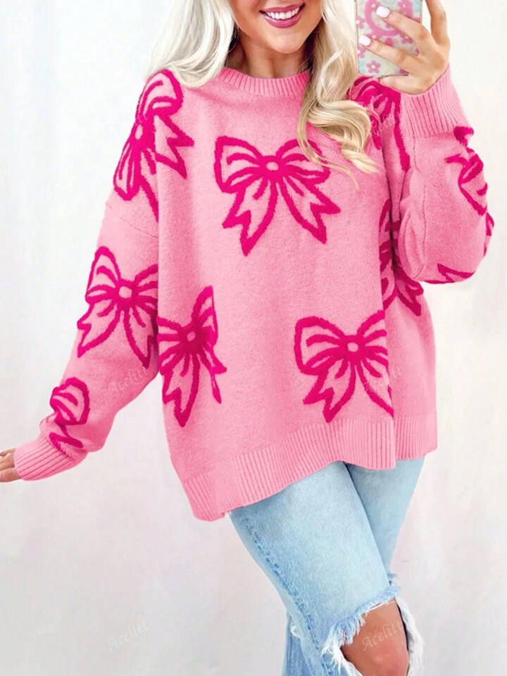 Acelitt Knitted Intarsia Bow Pattern Round Neck Dolman Sleeve Pullover Sweater | SHEIN