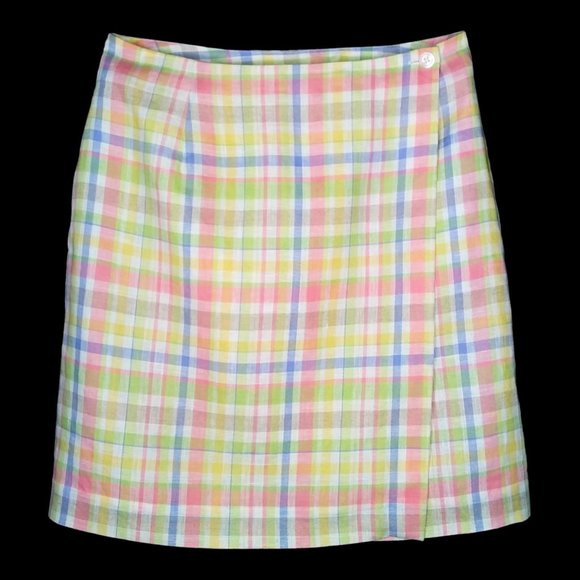 Vtg 90s 100% Irish Linen Liz Claiborne Wrap Mini Skirt Size 8 Plaid Pastels | Poshmark