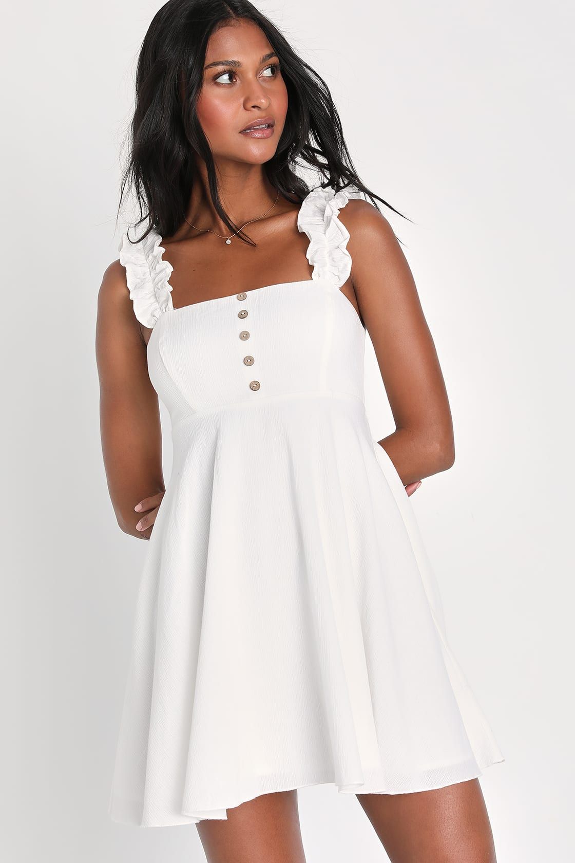 Simply Dainty White Ruffled Button-Front Mini Dress With Pockets | Lulus