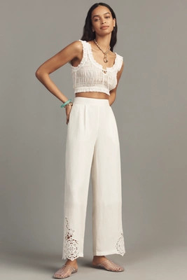 Ranna Gill Linen Blend Embroidered Wide-Leg Pants | Anthropologie (US)