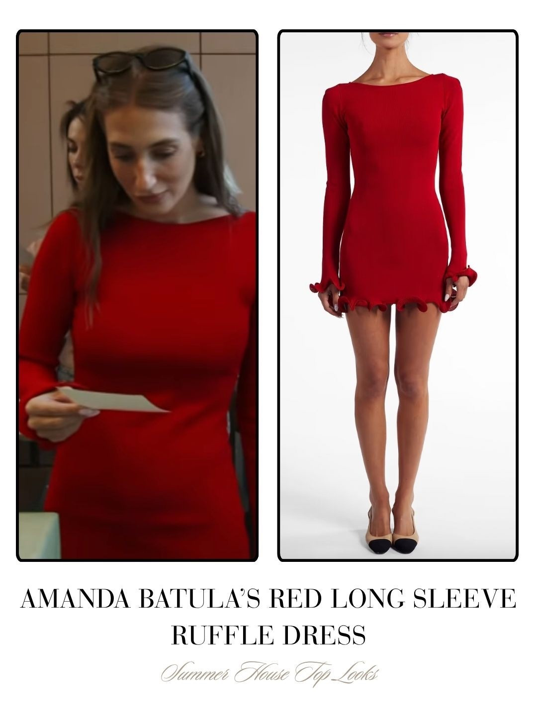 Amanda Batula’s Red Long Sleeve Ruffle Dress 