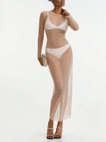 Sexy Rhinestone & Pearl Mesh See-Through Backless Dress, Summer | SHEIN