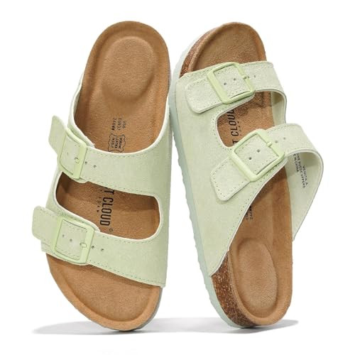 Project Cloud 100% Genuine Leather Flat Sandals For Women 2026 Cork Footbed Womens Sandals with Memory Foam and arch support Vacation Essentials Slides for Women Footwear (Venita, SAGE, 5.5) | Amazon (US)