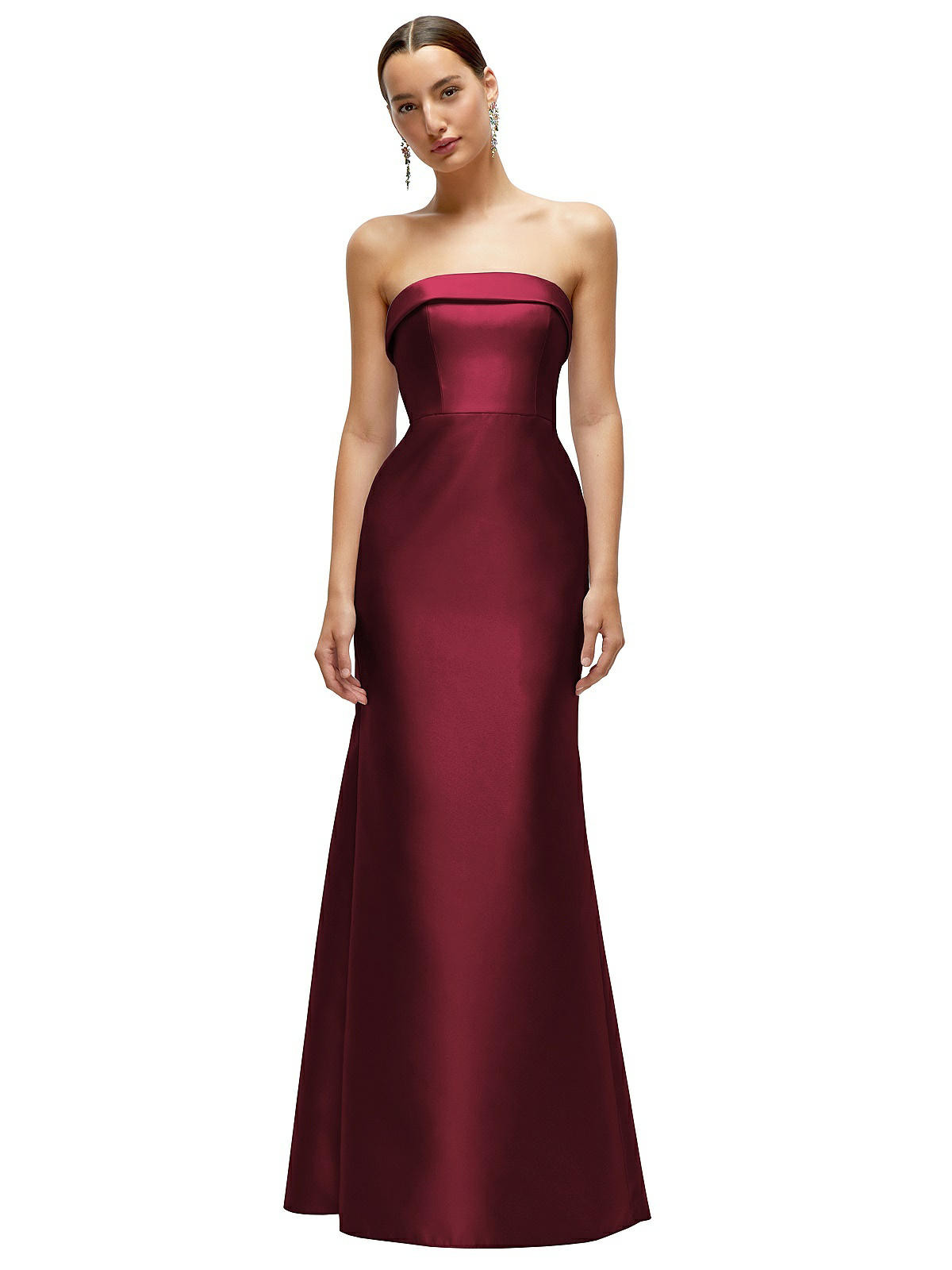 Strapless Cuff Neckline Satin Trumpet Gown in Cabernet | Dessy Group