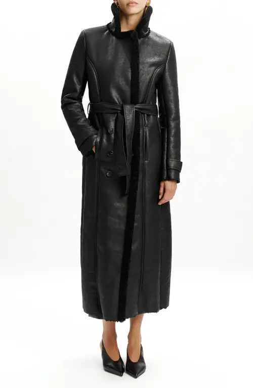 Bardot Belted Faux Leather & Faux Shearling Trim Trench Coat in Black at Nordstrom, Size X-Small | Nordstrom