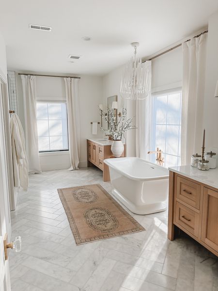 Light and bright primary bathroom with creamy whites, neutral wood tones, and gold detailing throughout. Airy faux linen curtains and a vintage inspired rug runner highlight the bathroom’s detail

Primary bathroom, home finds, neutral design, light and bright, linen curtain, gold detail, rug runner, neutral wood tones, creamy whites, Wayfair, Target, Pottery Barn style, found it on Amazon, spring style, bathroom refresh, drawer pull, aesthetic finds, shop the look!

#LTKhome #LTKSeasonal #LTKstyletip