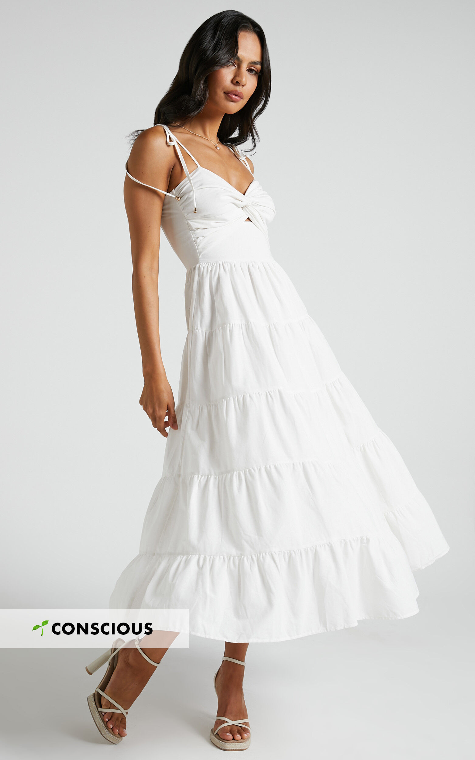 Leticia Midi Dress - Twist Front Tie Strap Tiered Dress in Off White | Showpo (US, UK & Europe)