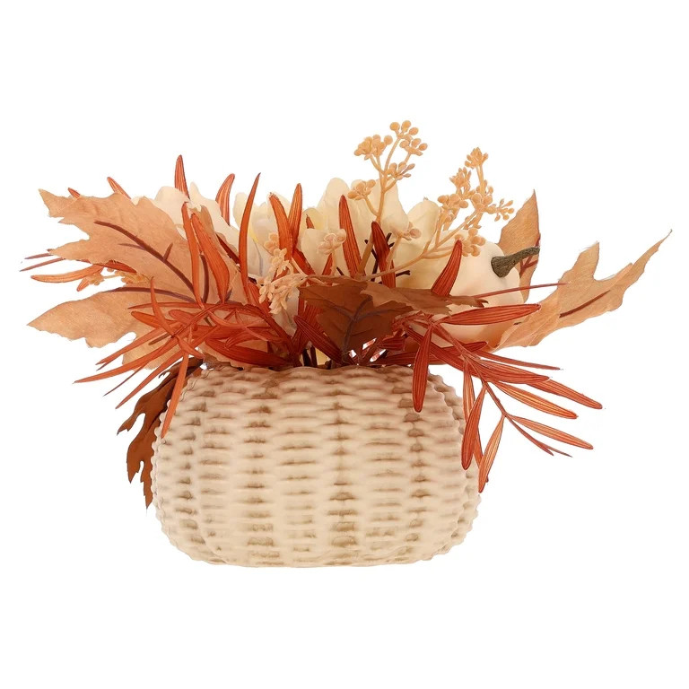 Artificial Floral Arrangement in Pumpkin-Shaped Woven Basket, Cream and Brown, 9", Fall by Way To... | Walmart (US)