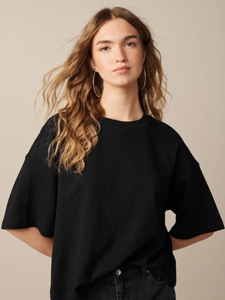 Black Oversized Relaxed Fit Boxy Heavyweight Crew Neck T-Shirt | Next US