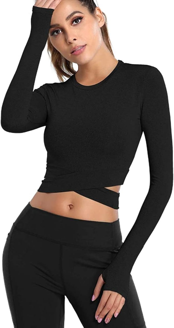 Bontierie Women Crew Neck Crop Tops Tummy Cross Long or Short Sleeve Sport Shirt for Yoga Fitness... | Amazon (US)