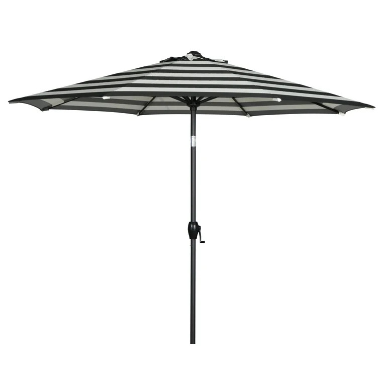 Mainstays 9 ft Black and White Cabana Stripe Round Market Patio Umbrella, Easy Crank - Walmart.co... | Walmart (US)