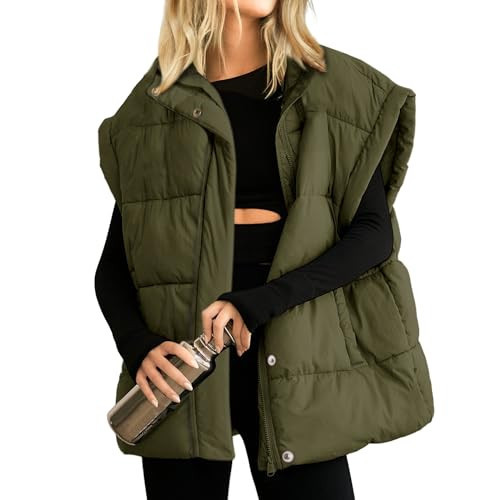 Songling Womens Oversized Puffer Vest Stand Collar Full Zip Sleeveless Bubble Puffer Vest Quilted Padded Warm Coat Outwear (Army-Green,M) | Amazon (US)