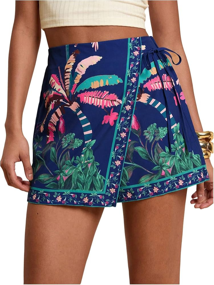 RoseSeek Women's Floral Graphic Skirt Shorts Drawstring Waist Tropical Boho Wrap Skorts | Amazon (US)