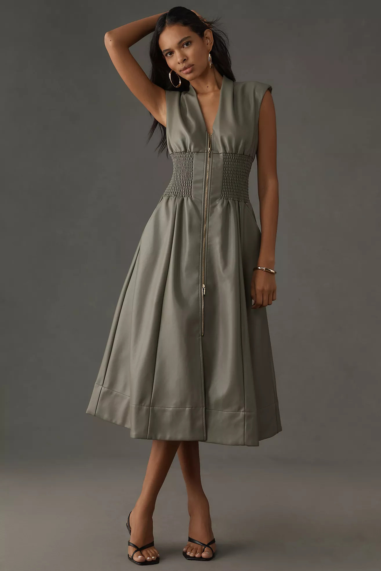The Tommie Cap-Sleeve Smocked Front-Zip Shirt Dress: Faux Leather Edition | Anthropologie (US)