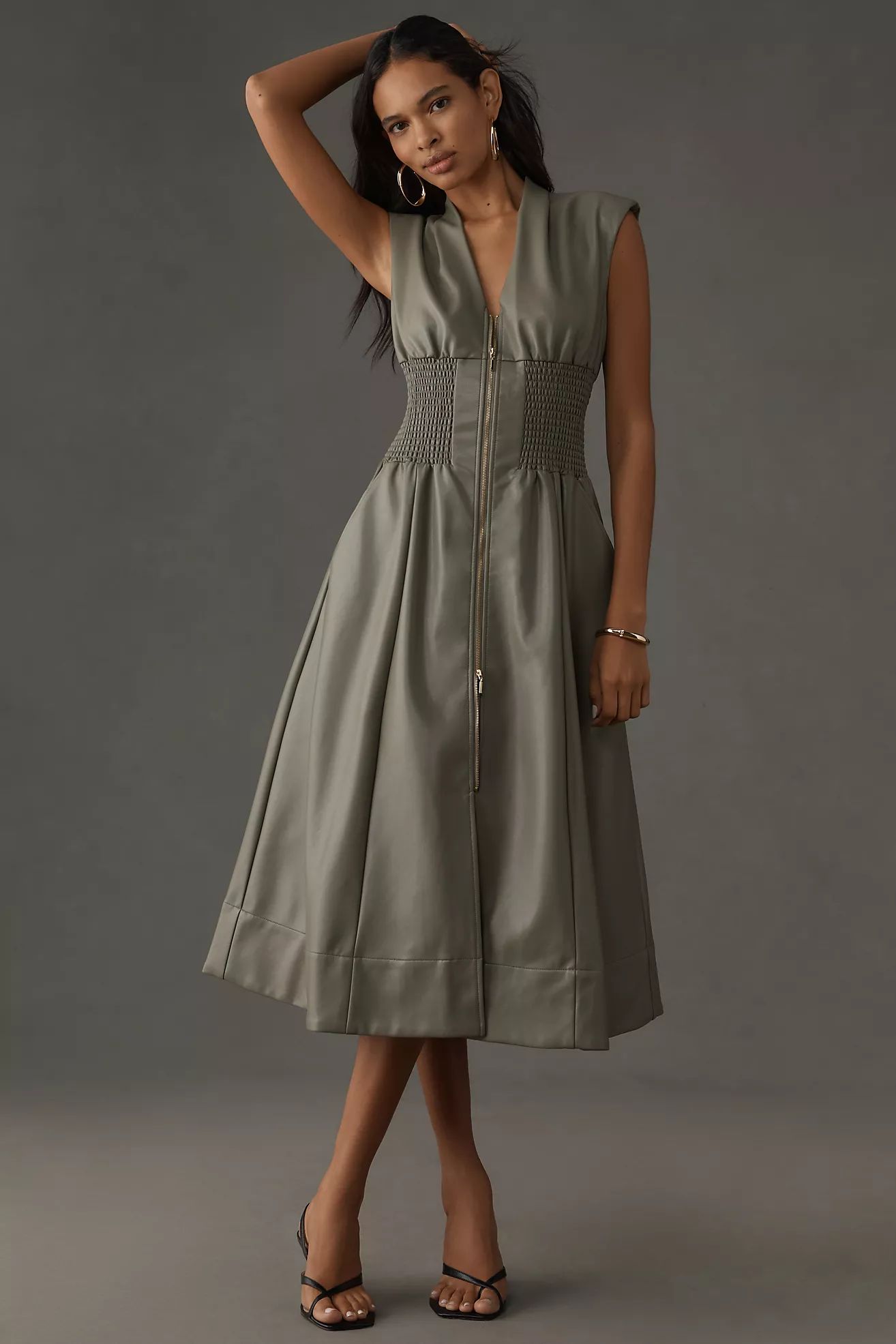 The Tommie Cap-Sleeve Smocked Front-Zip Shirt Dress: Faux Leather Edition | Anthropologie (US)