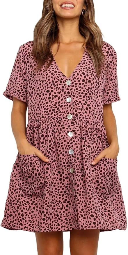 Carprinass Women's V Neck Leopard Button Casual Loose Shift Dress with Pockets | Amazon (US)