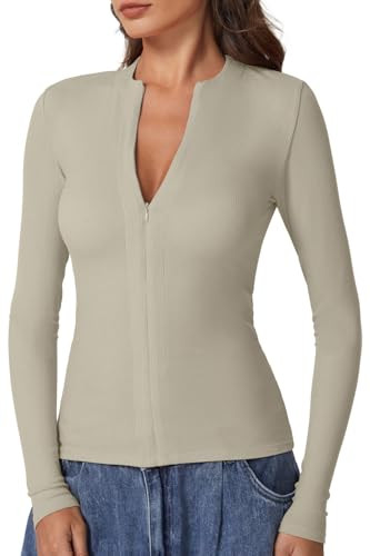 QINSEN Long Sleeve Shirts for Women Crewneck Half Zipper Ribbed Knit Going Out Tops Full Length B... | Amazon (US)