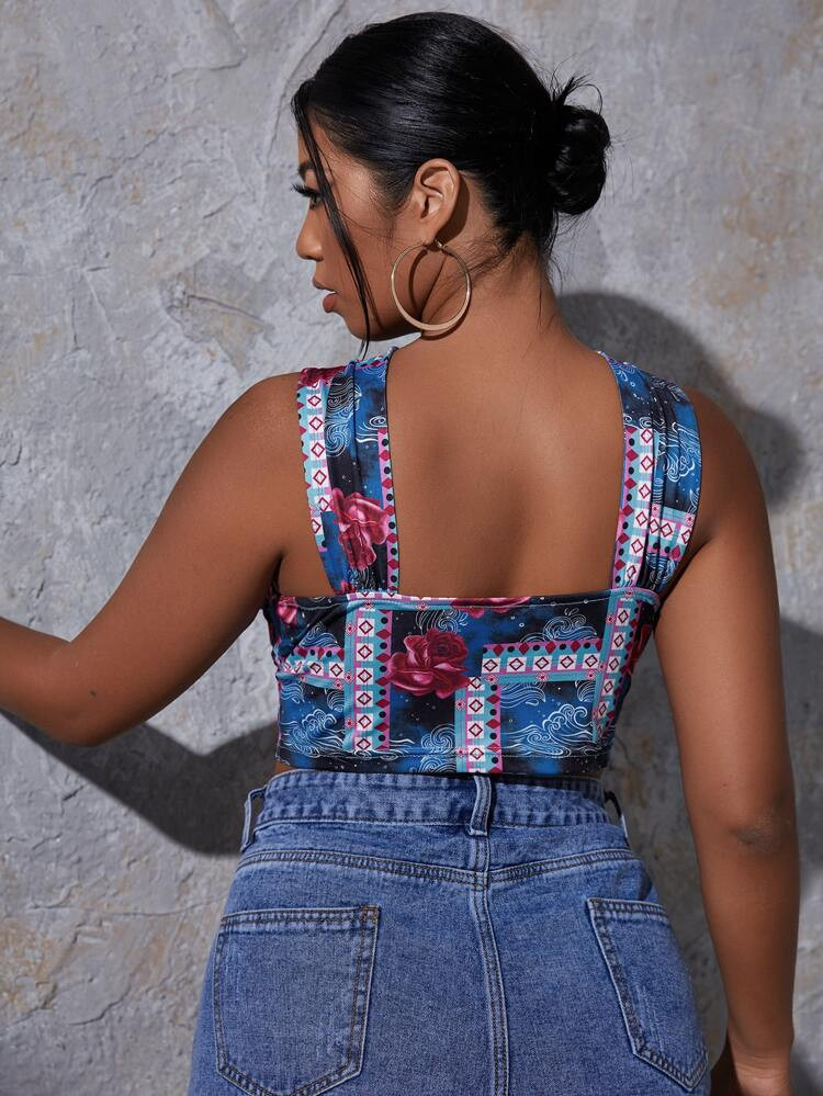 Plus Wrap Front Floral And Geo Print Crop Top | SHEIN