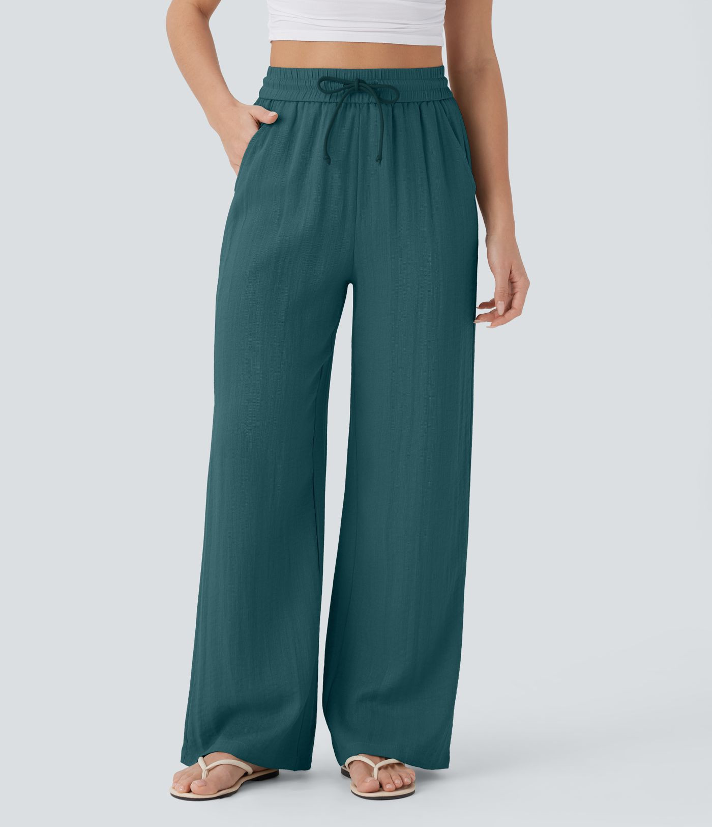 High Waisted Drawstring Pocket Wide Leg Baggy Casual Linen-Feel Pants | HALARA