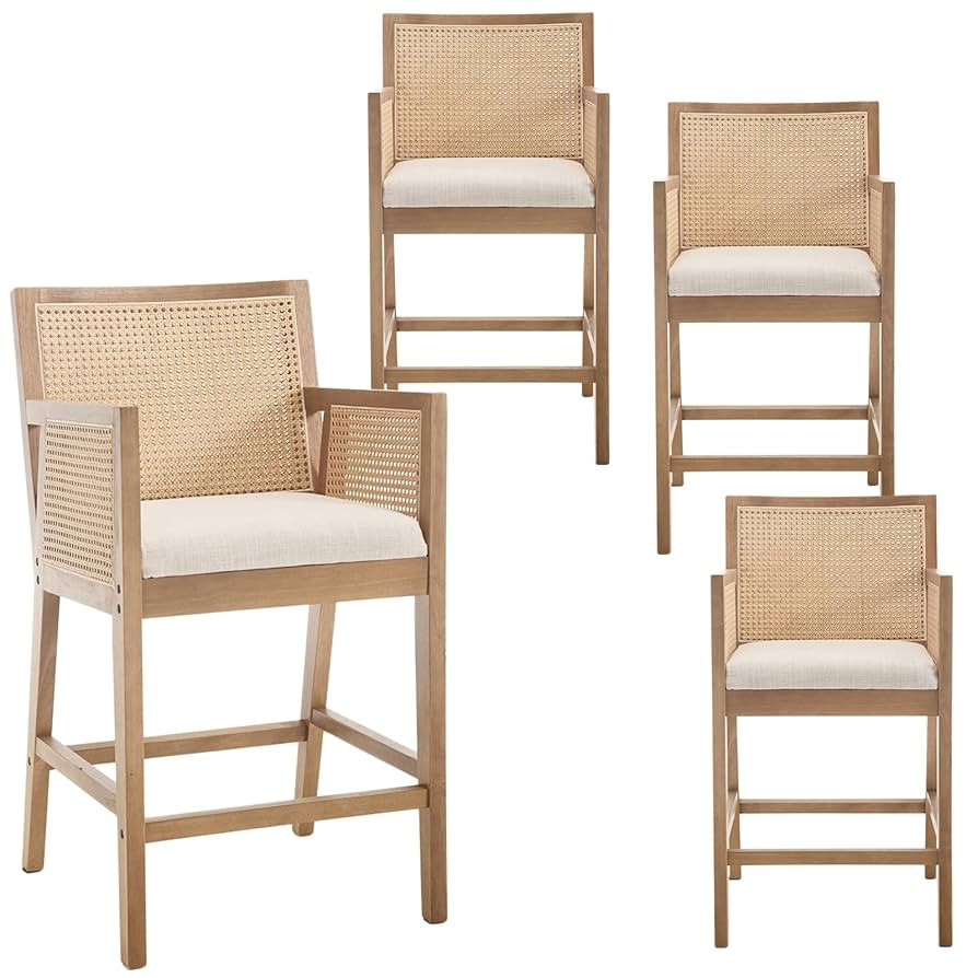 HEAH-YO Rattan Counter Height Bar Stools Set of 4, 26 Inch Wood Counter Stools with Back and Arms... | Amazon (US)