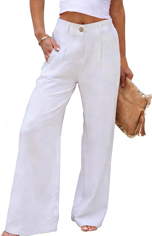 heipeiwa Women's Linen Pants Casual High Waist Wide Leg Straight Dress Cotton Linen Button Trouse... | Amazon (US)