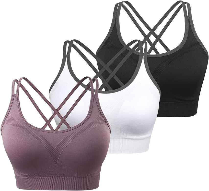 Strappy Women's Sports Bra Cross Back Tops for Running Fitness Removable Padded Workout Yoga Bras | Amazon (US)