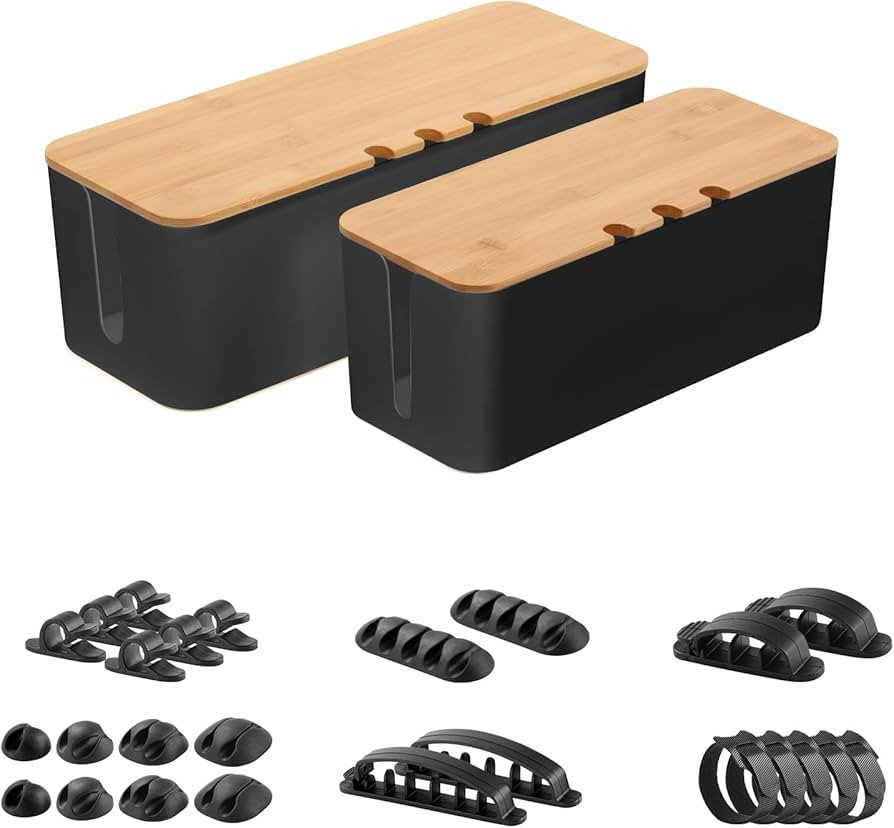 Aledaras Cable Management Box, Bamboo Lid Cable Organizer Box, 2 Pack Cord Organizer with 20 Cabl... | Amazon (US)
