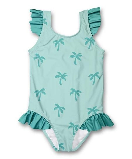 Mint Palm Trees Ruffle-Accent One-Piece Swimsuit - Infant, Toddler & Girls | Zulily