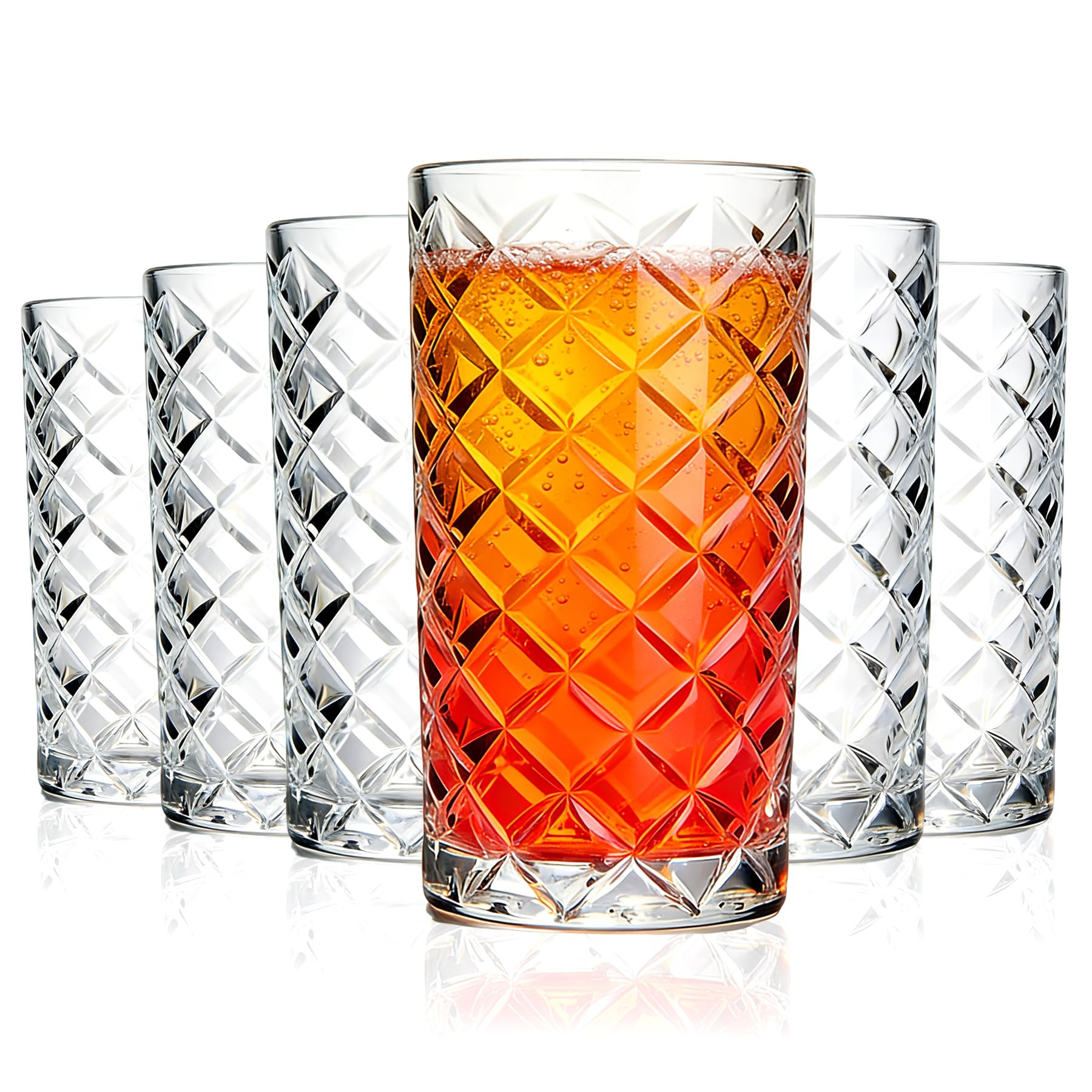 Crystal Highball Glasses Set Of 6-14 Ounce Diamond Cut Tom Collins Glasses - Textured Designer Gl... | Amazon (US)