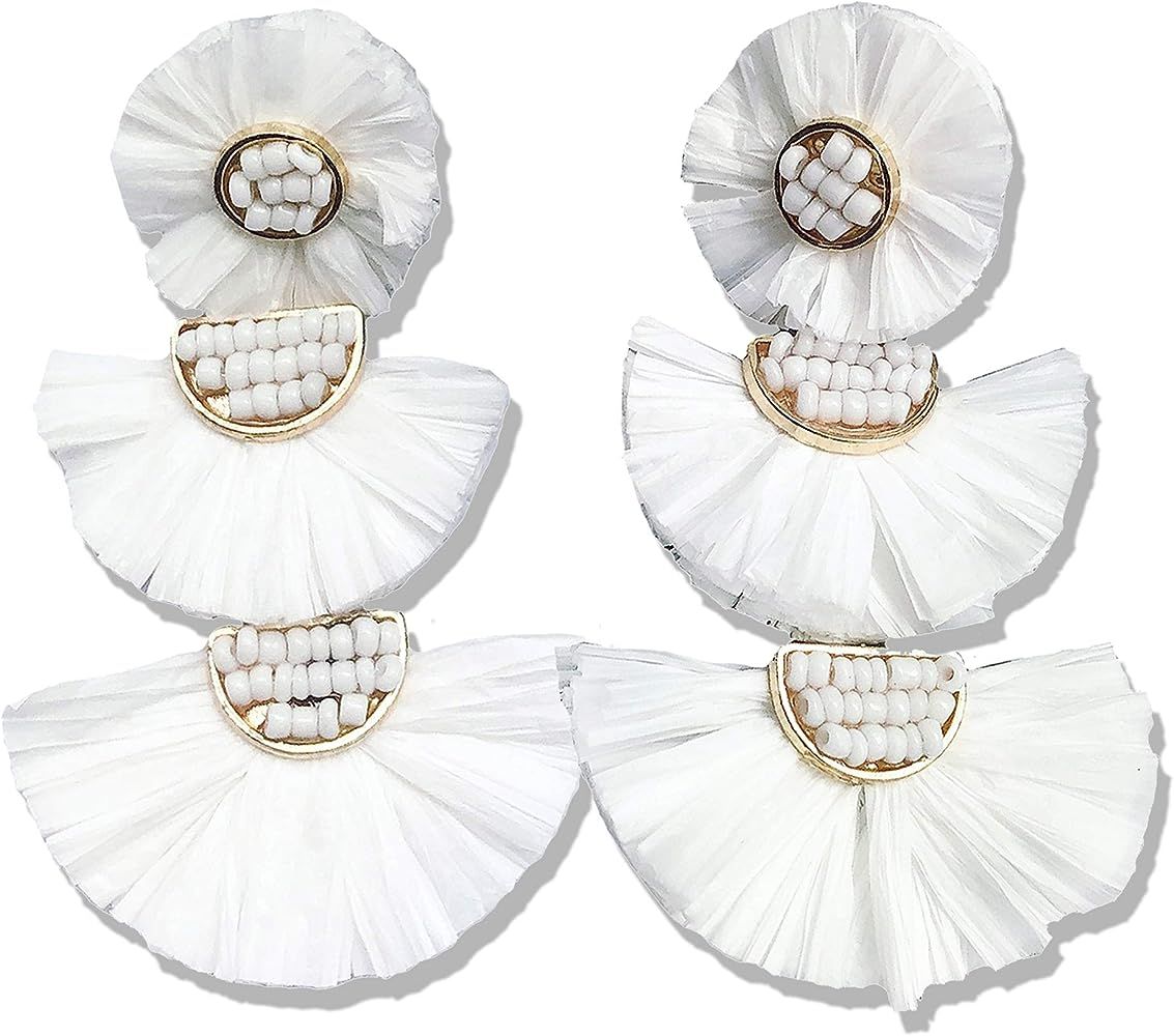Bohemian Statement Earrings - Lightweight Tiered Raffia Beaded Earrings Drop Dangle Gifts for Women  | Amazon (US)