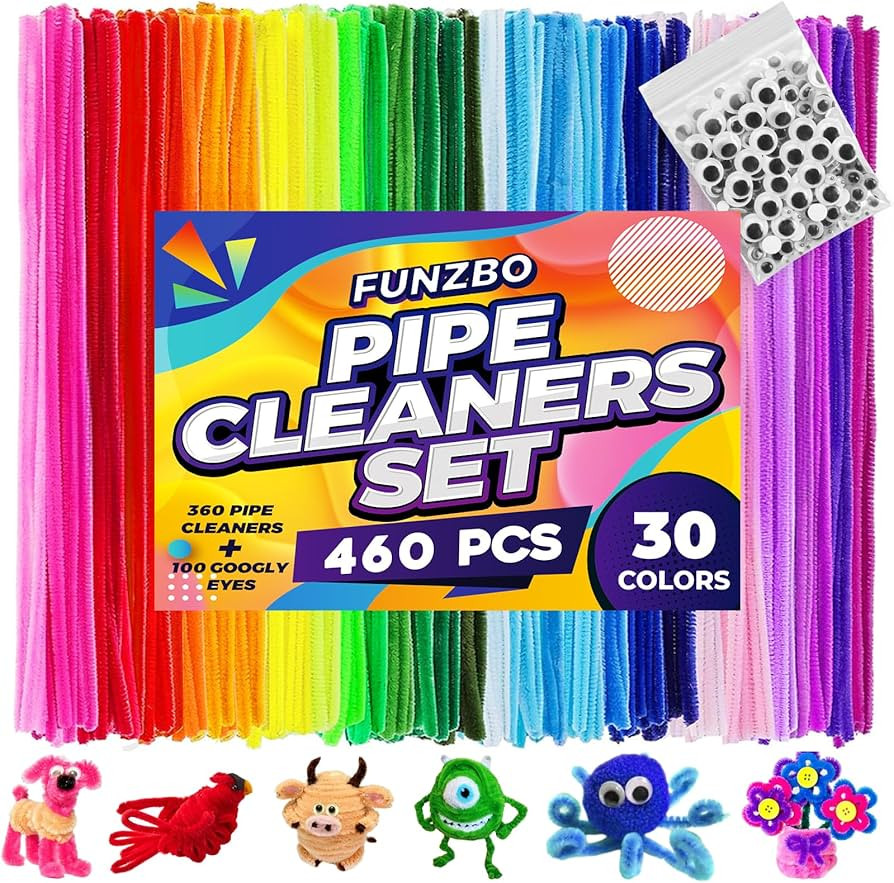 FUNZBO 360pcs 30 Colors Pipe Cleaners & 100 Googly Eyes - Colorful Chenille Stem Crafts, Kids Art... | Amazon (US)