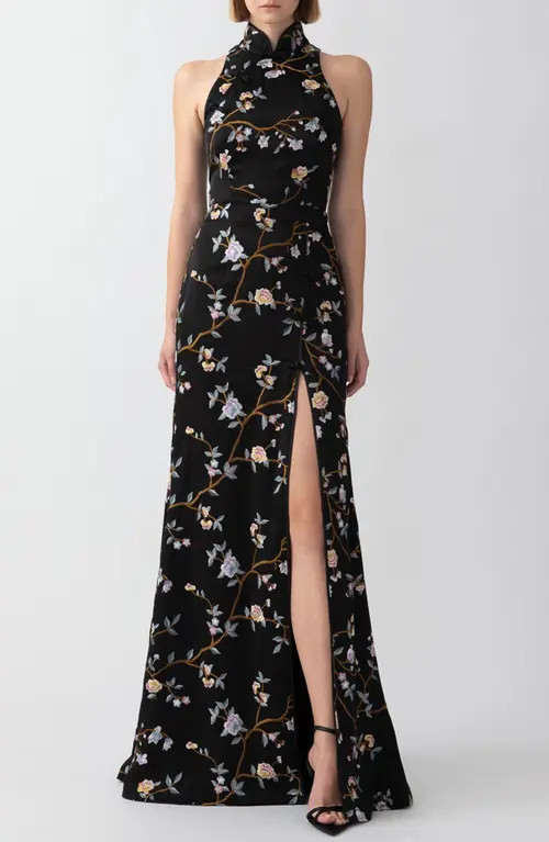 SAU LEE Ariana Floral Embroidered Gown in Black at Nordstrom, Size 12 | Nordstrom