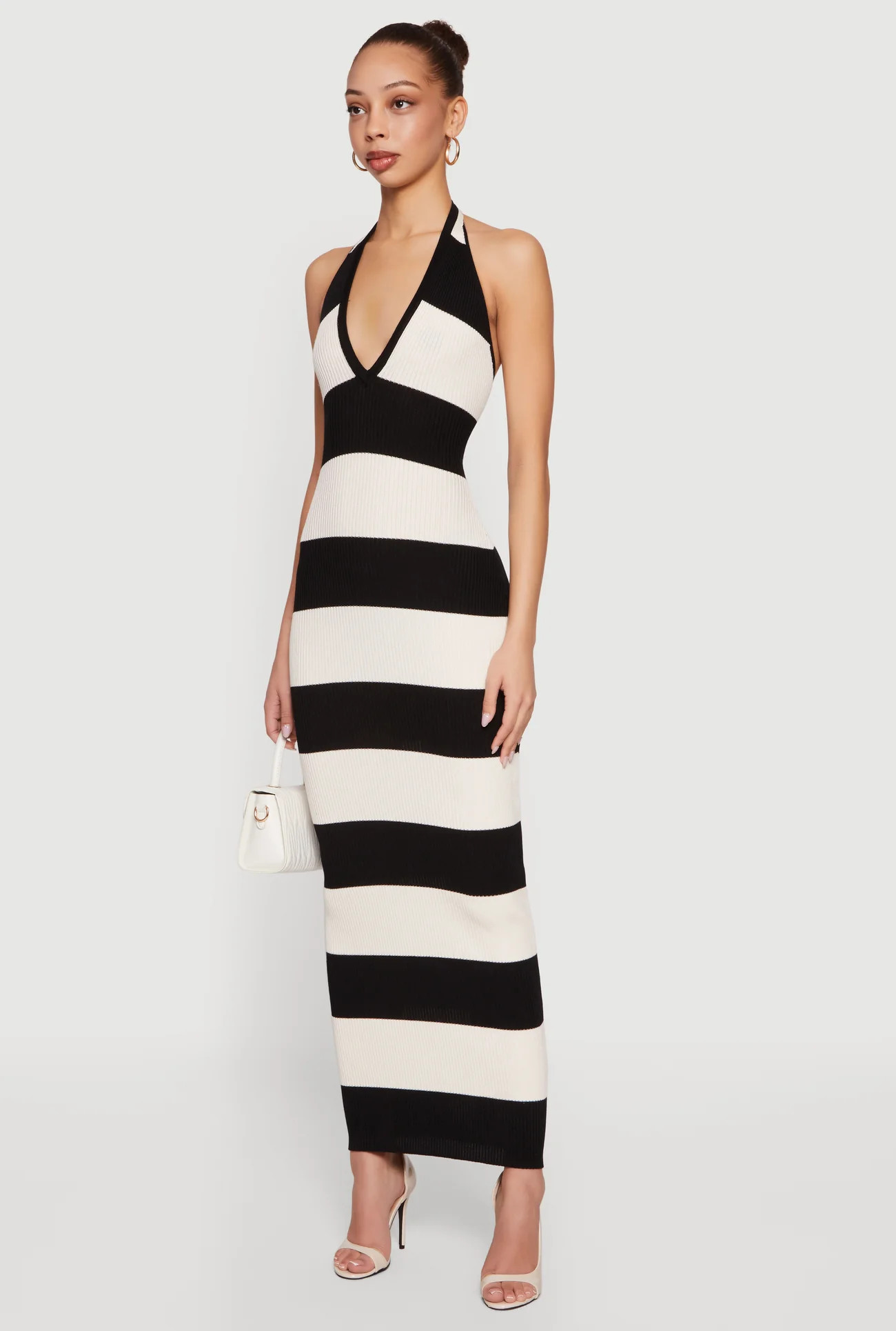 Striped Rib Knit Lace Up Back Halter Maxi Dress | Rainbow Shops