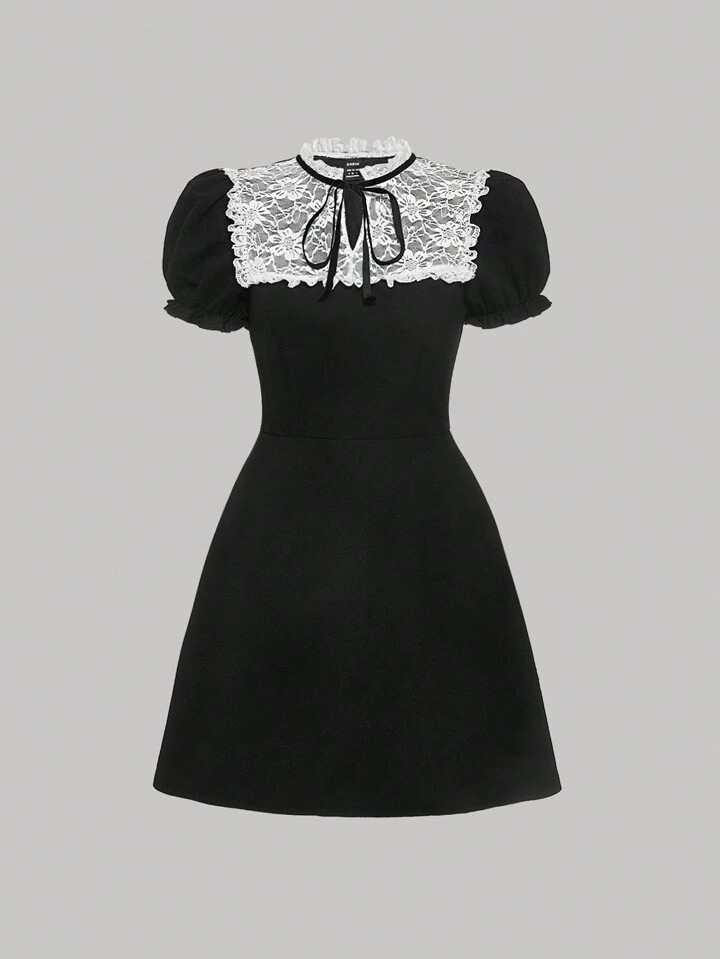 SHEIN MOD Contrast Lace Tie Neck Puff Sleeve Dress | SHEIN