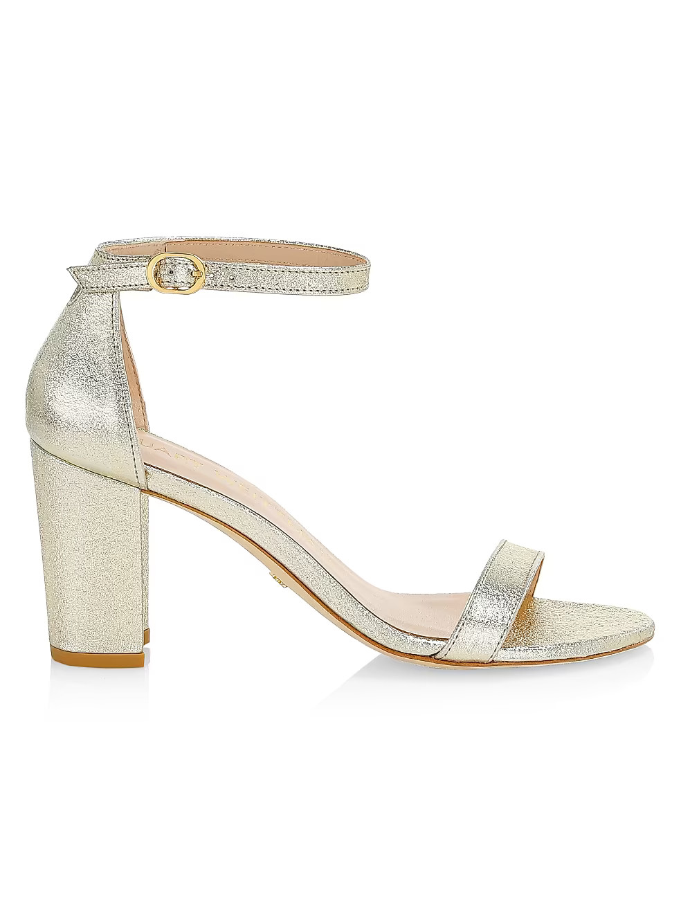 Stuart Weitzman Nearlynude Block-Heel Metallic Leather Sandals | Saks Fifth Avenue