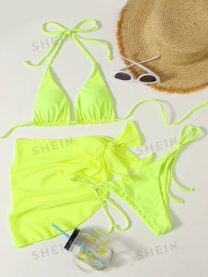SHEIN Swim 3pack Neon Lime Triangle Bikini Swimsuit With Beach Skirt | SHEIN