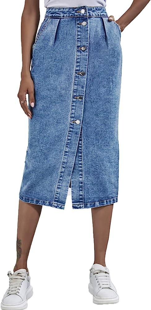 Long Denim Skirts for Women Maxi Paperbag High Waist Frayed Raw Hem A line Flare Jean Skirt with ... | Amazon (US)