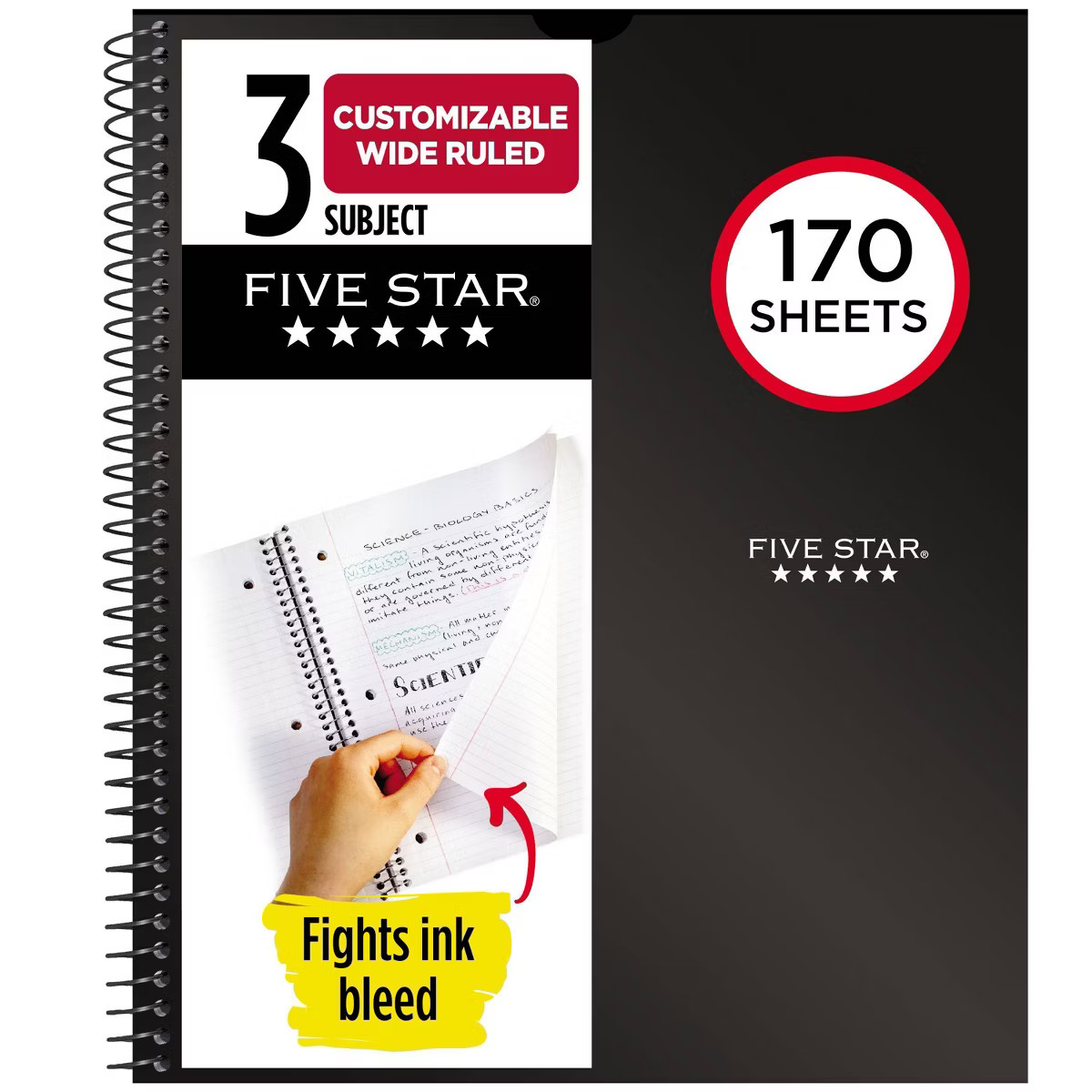 Five Star 170 Sheets 3 Subject Wide Ruled Customizable Notebook Feature Rich Black: Spiral, 8x10.... | Target