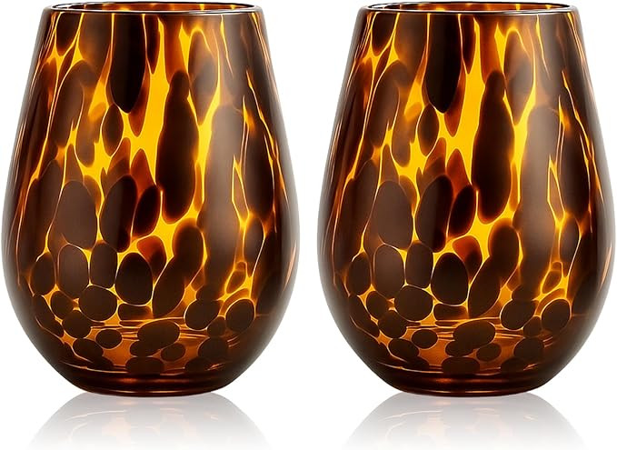 SiliFine Set of 2 Tortoise Shell Stemless Wine Glasses, 16oz Brown Wine Glasses, Hand Blown Leopa... | Amazon (US)