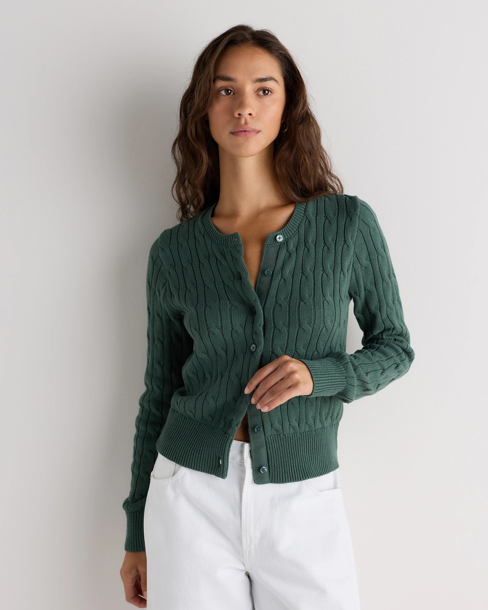 100% Organic Cotton Cable Crew Cardigan in Ivory | Quince