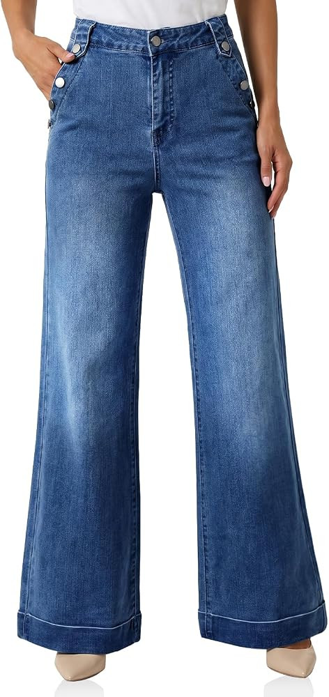 Flowyair Womens Wide Leg Jeans High Waisted Button Casual Denim Pants | Amazon (US)