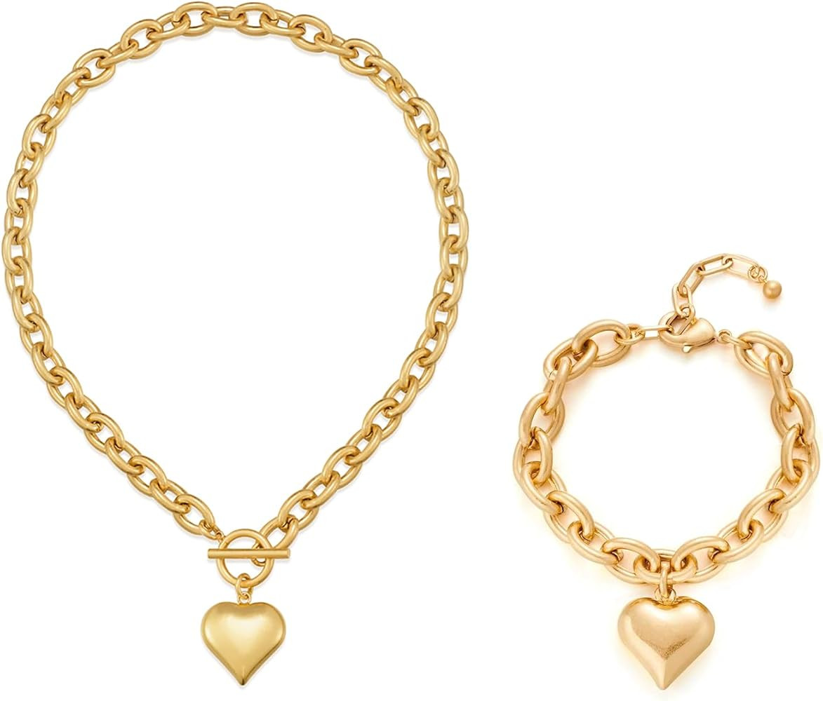 CLASSYZINT Heart Pendant Chain Necklace and Gold Chunky Link Heart Charm Bracelets | Amazon (US)