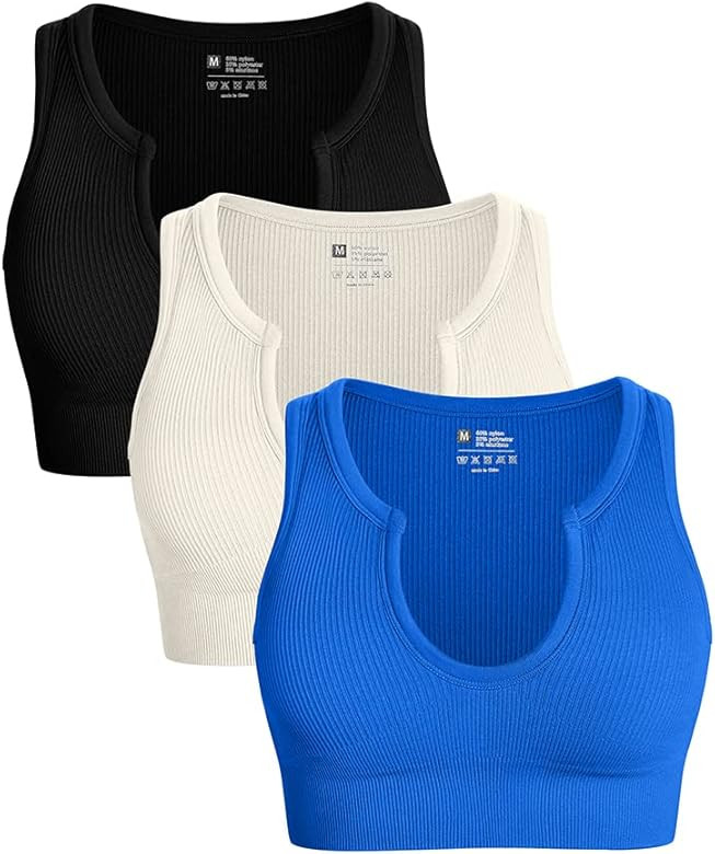 OQQ Women's 3 Piece Medium Support Crop Top Seamless Ribbed Removable Cups Workout Yoga Sport Bra | Amazon (US)