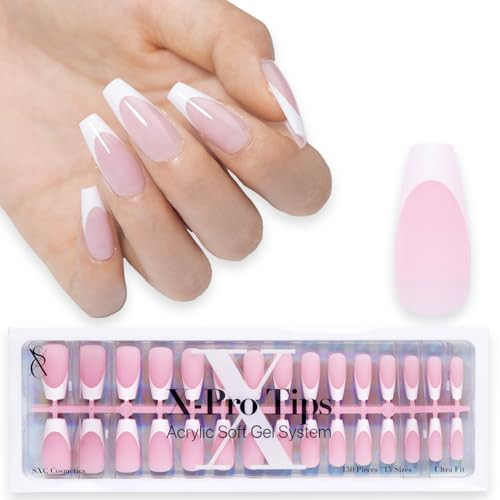 SXC Cosmetics French Tip Press On Nails 150 Pieces in 15 Sizes Ultra Fit with Pre-applied Tip Primer and Base Coat, No Need to File Fake Nails for Nail Art DIY X-Pro Tips (P120-M Coffin) | Amazon (US)