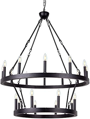 Wellmet Black Wagon Wheel Chandelier 2 Tier, Large Farmhouse Round Pendant Light Fixture Industrial  | Amazon (US)