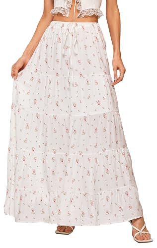 EG CHRIS G White Floral Maxi Skirt for Women Casual Elastic Waist A-Line Pleated Summer Boho Beach Long Skirt (White Floral, S) | Amazon (US)