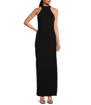 Belle by Badgley Mischka Reese Halter Neck Sleeveless Crepe Side Slit Gown | Dillard's | Dillard's