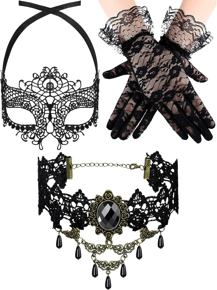 Boao Halloween Masquerade Costume Set for Women, Lace Masquerade Mask Gloves Gothic Choker Neckla... | Amazon (US)