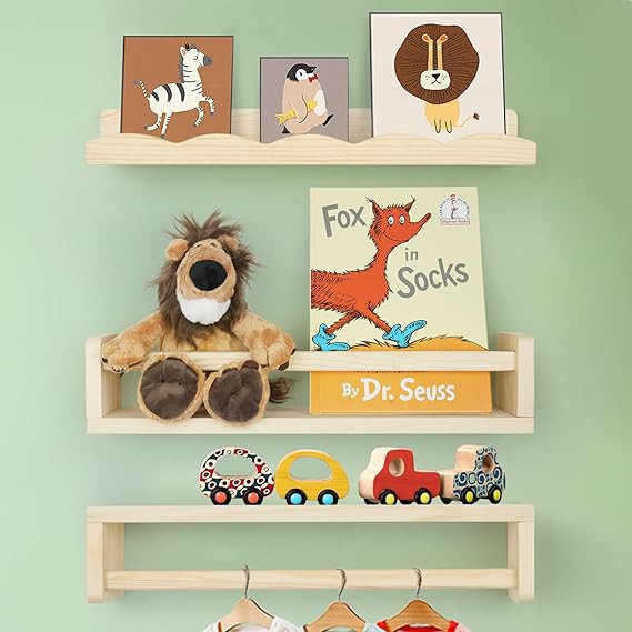 Floating Book Shelves for Wall, 16.5" Natural Wood Nursery Shelves for Book Storage, Solid Pine W... | Amazon (US)