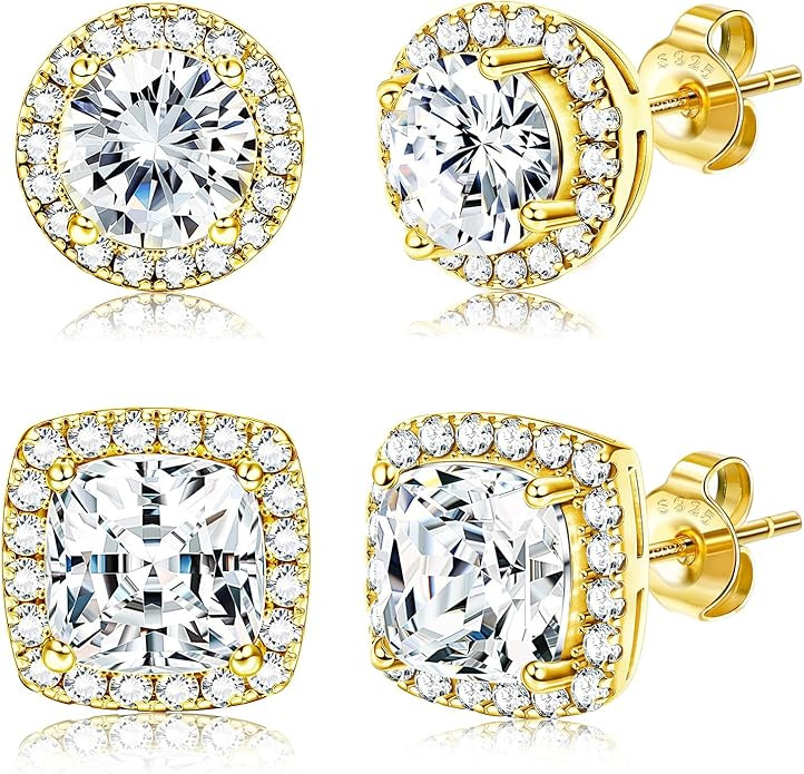 Hayoso 18K Gold Plated Halo Stud Earrings 925 Sterling Silver Cubic Zirconia Stud Earrings Round ... | Amazon (US)
